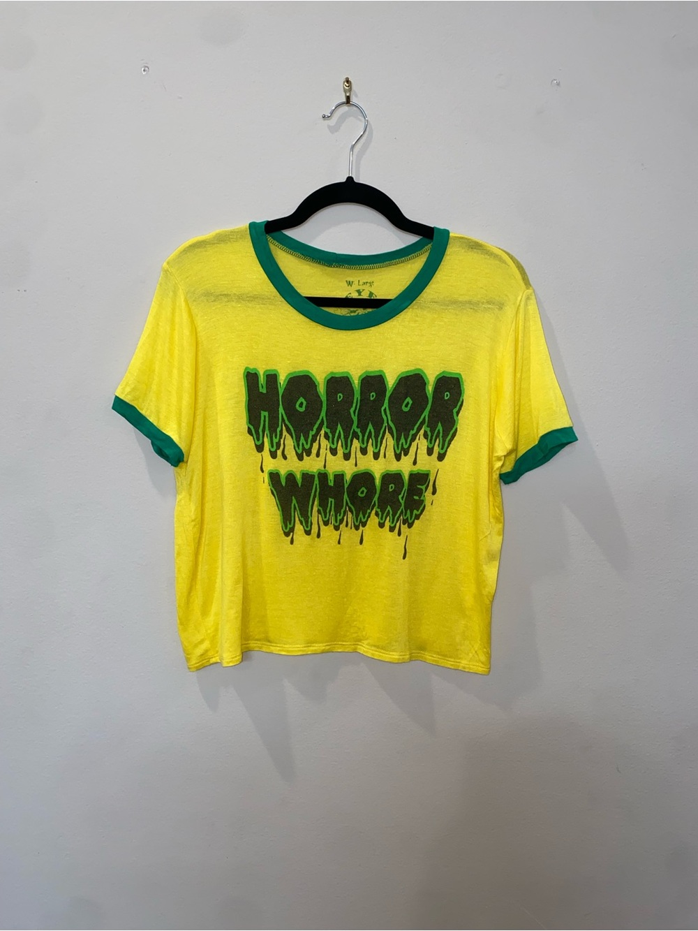Dolls Kill Yellow Crop Ringer Tee with Green Trim & “Horror W**” Drip Graphic